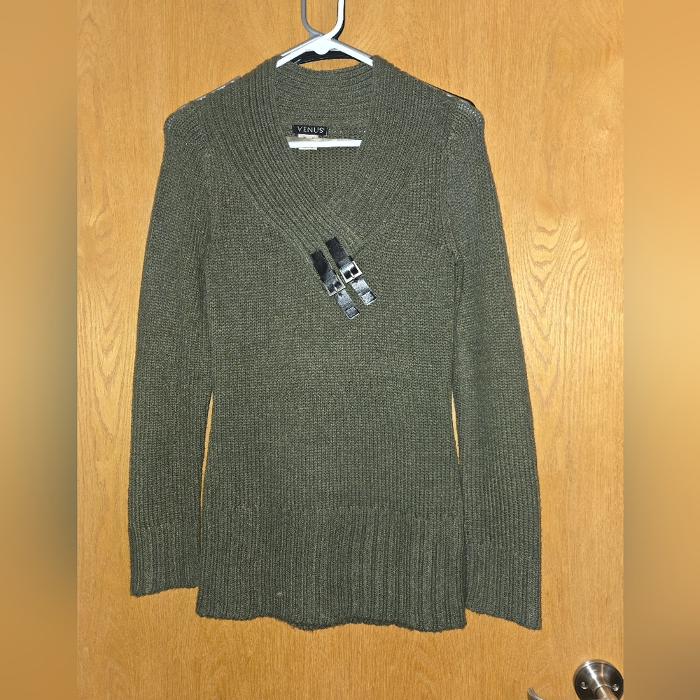 Women's Green Sweater with Buckle Detail